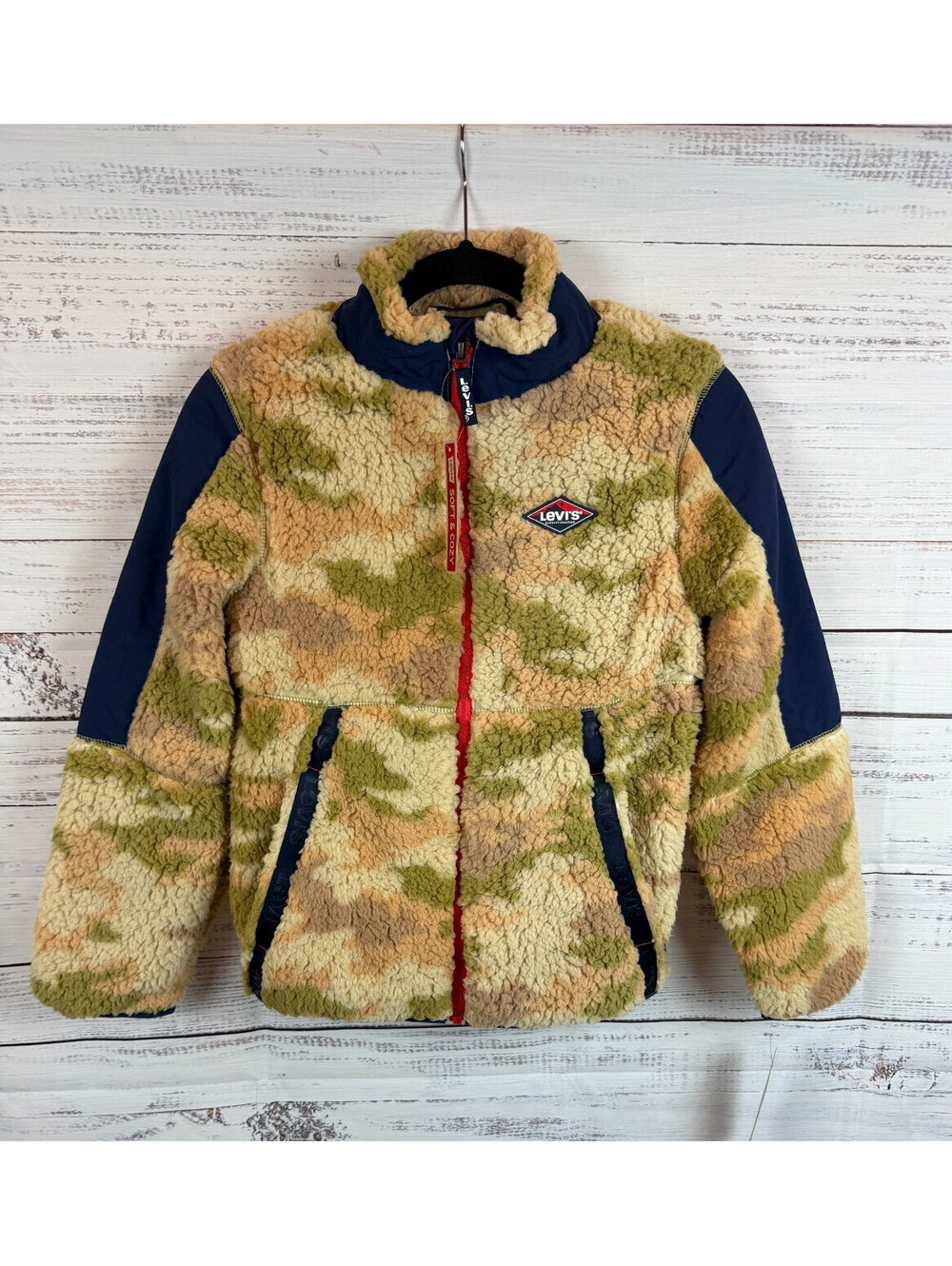 LEVI'S boy sherpa fleece beige olive camouflage navy full zip jacket M 10-12 NWT